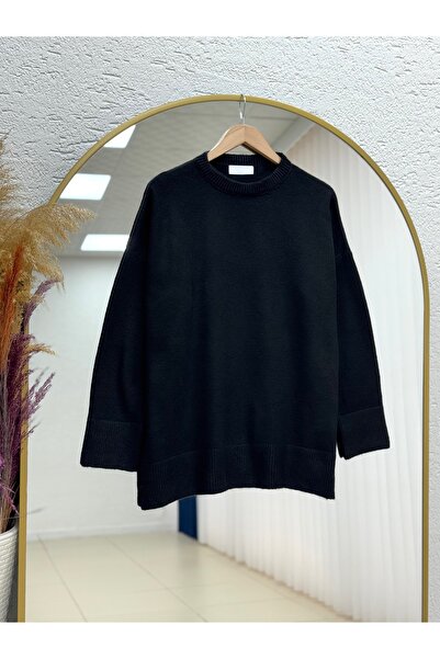 MİHRA STORE Finlayah Kol Ucu Ve Altı Corded Fabric Düz Oversized Knitwear Sweater-Kr5049 Black