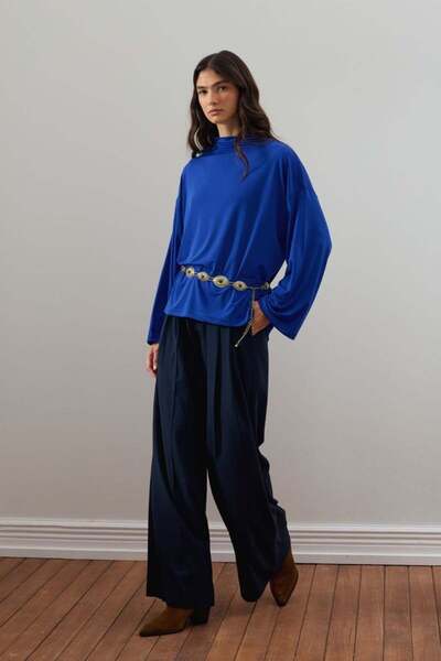 Ceylan Otantik Cobalt Blue Jersey Blouse & Navy Blue Pleat Detail Palazzo Pants