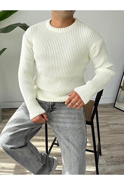 Tarz Cool Men's Ecru Regular Crew Neck Knit Sweater