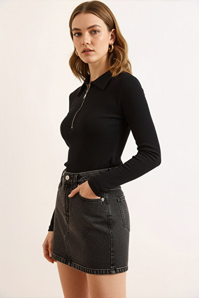 Giyimodam Black Zippered Polo Neck Ribbed Knit Cotton Blouse