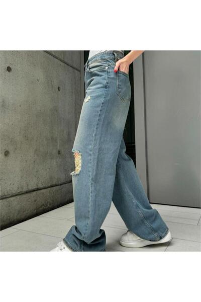 Karakedi Blue Vintage Ripped Detail Loose Leg Jeans Pants