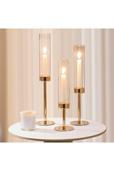 Yelajoy Glass Hurricane Candleholder Set of 3 - Gold Ribbed Glass Candlesticks