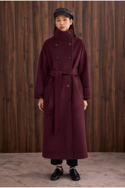 HEQA Funnel Neck Long Coat Burgundy
