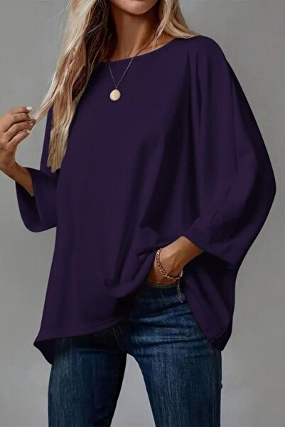 Mossta Relaxed Fit Wide Crew Neck Viscose Blouse - Purple