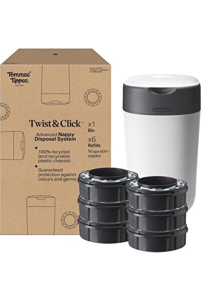 tommee tippee مجموعة بداية سلة الحفاضات تويست آند كليك، 6 علب إعادة تعبئة، لو...
