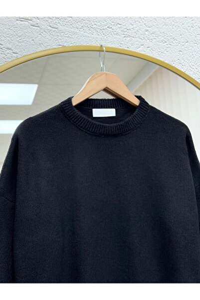 MİHRA STORE Finlayah Kol Ucu Ve Altı Corded Fabric Düz Oversized Knitwear Sweater-Kr5049 Black