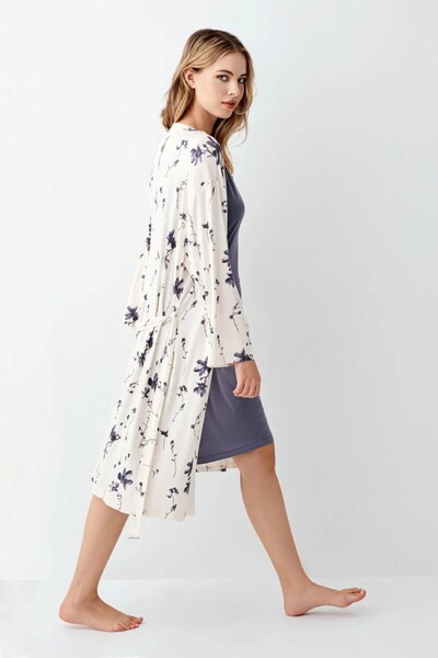 ROZELT Set de două piese pentru femei, cămașă de noapte și halat de zi, albastru bleumarin, cu detalii din dantelă