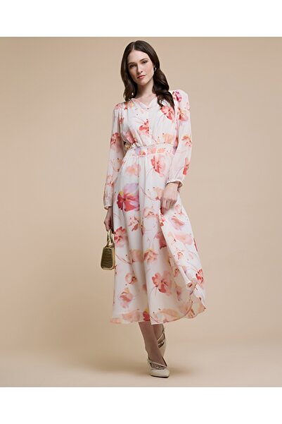R&B Printed Midi Dress With V-Neck And Puff Sleeves