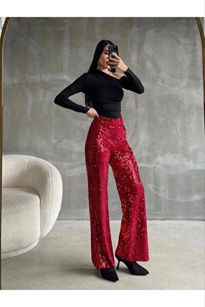 Marbella Women's Red Sequin Stylish New Year Special Day Stylish Sequin Pants