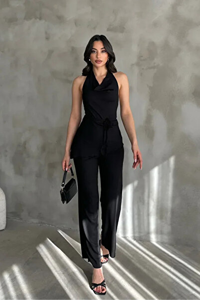 buğrahayalin Women's Black Degaje Collar Blouse and Pants Two-Piece Set