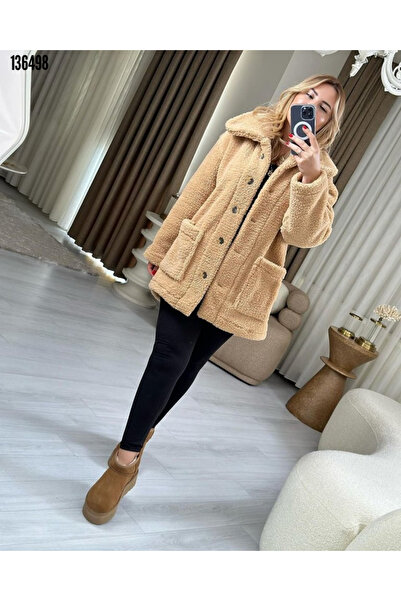 moda wanilia Fluffy Plush Coat Women's Long Sleeve Collared Front Buttoned
