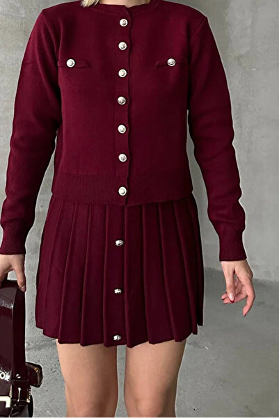 buğrahayalin Жіночий трикотажний міні-спідниця та кардиган – бордовий
