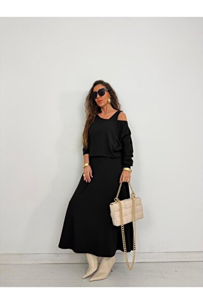 QİMYA BUTİK With a Bunch Women's Thick Strap Y Slit Sleeveless Dress over Long Sleeve Open Collar Short Blouse Two-Piece