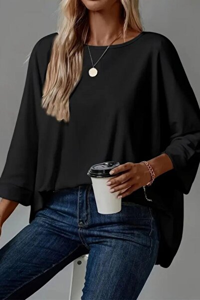 Mossta Relaxed Fit Wide Crew Neck Viscose Blouse - Black