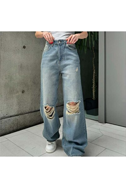 Karakedi Blue Vintage Ripped Detail Loose Leg Jeans Pants