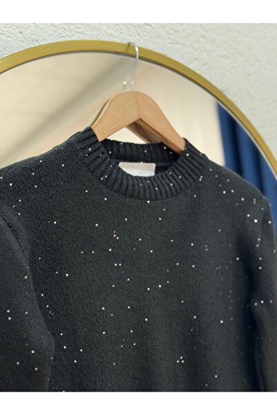 MİHRA STORE Fasma Sequin Glitter Short Knit Sweater-Zi̇5591 Black