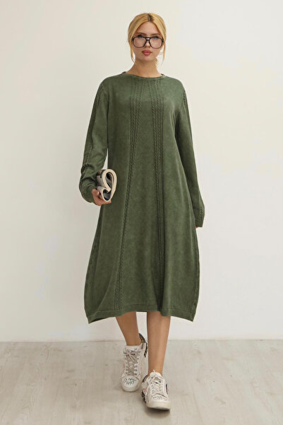 AYASOFYA OTANTIK Women's Khaki Round Neck Patterned Pocketed Vintage Loose Cotton Knit Midi Dress