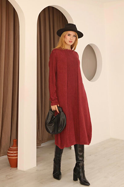 AYASOFYA OTANTIK Women's Burgundy Round Neck Patterned Pocketed Vintage Loose Cotton Knit Midi Dress