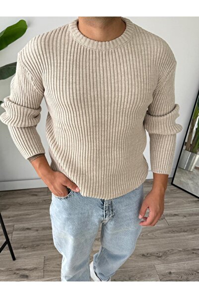 Tarz Cool Men's Light Beige Regular Crew Neck Knitwear Sweater