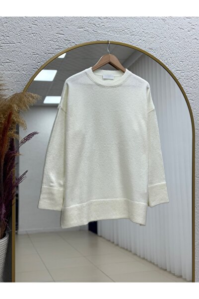 MİHRA STORE Finlayah Kol Ucu Ve Altı Corded Fabric Düz Oversized Knitwear Sweater-Kr5049 White