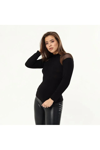 buğrahayalin بلوزة نسائية سوداء بأكتاف من التول وياقة عالية