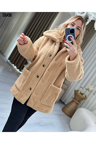 moda wanilia Fluffy Plush Coat Women's Long Sleeve Collared Front Buttoned