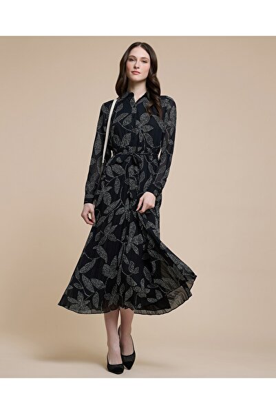 R&B فستان ميدي مطبوع بياقة واقفة وأكمام طويلة