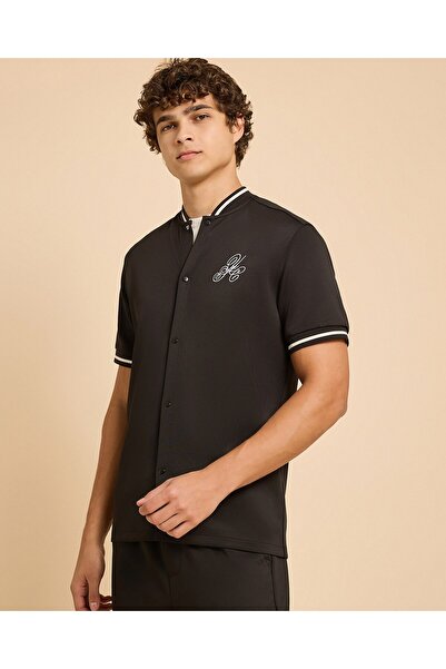 R&B Embroidery Detail Shirt With Stand Collar And Short Sleeves