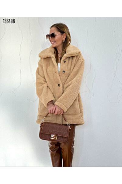 moda wanilia Fluffy Plush Coat Women's Long Sleeve Collared Front Buttoned