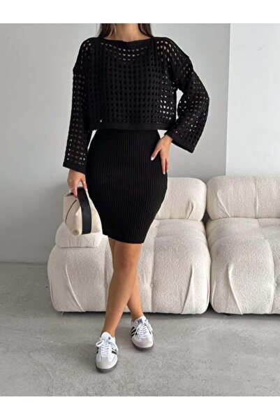 buğrahayalin Women's Hollow Out Sweater Suspender Dress Knitwear Fabric Two-Piece Set