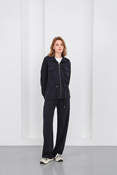 Basicpark Dark Navy Blue Women's Full-Length Zippered Mock Neck Piece Premium Modal Top and Bottom Set