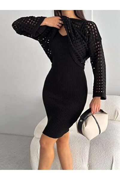 buğrahayalin Women's Hollow Out Sweater Suspender Dress Knitwear Fabric Two-Piece Set