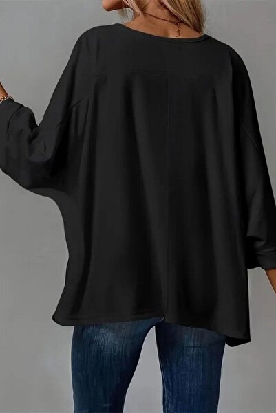 Mossta Relaxed Fit Wide Crew Neck Viscose Blouse - Black