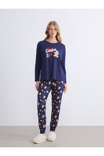 LC Waikiki Set de pijamale pentru femei DREAM cu tematică de Anul Nou, albastru marin, Cookie Man cu imprimeu