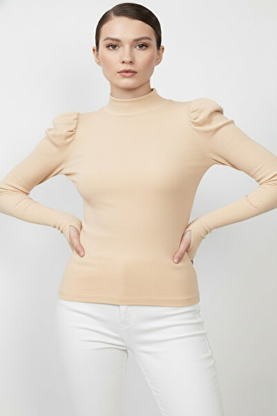 evolise Turtleneck Finger-Looped Ribbed Knit Princess Sleeve Blouse - Beige