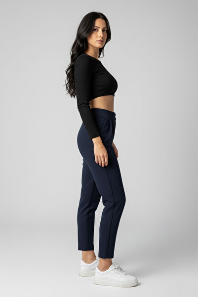 buğrahayalin Women's High Waist Double Button Carrot Model Ankle Length Crepe Trousers – Navy Blue