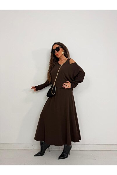 QİMYA BUTİK With a Bunch Women's Thick Strap Y Slit Sleeveless Dress over Long Sleeve Open Collar Short Blouse Two-Piece