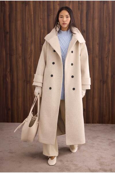 HEQA Funnel Neck Long Coat Beige