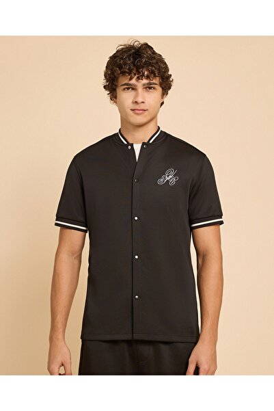 R&B Embroidery Detail Shirt With Stand Collar And Short Sleeves