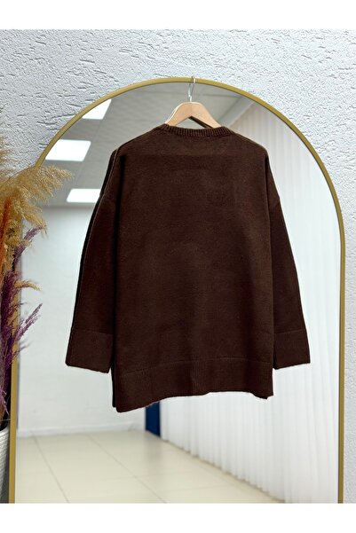 MİHRA STORE Finlayah Kol Ucu Ve Altı Corded Fabric Düz Oversized Knitwear Sweater-Kr5049 Coffee