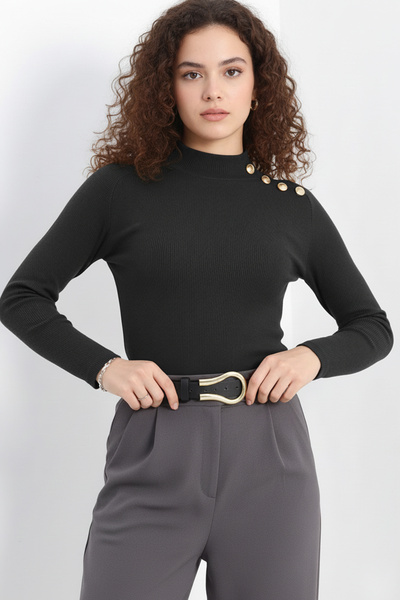 evolise Gold Buttoned Turtleneck Corded Fabric Ribbed Knit Blouse - Anthracite