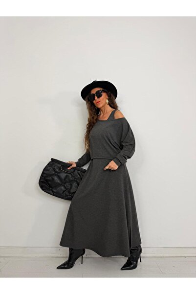 QİMYA BUTİK With a Bunch Women's Thick Strap Y Slit Sleeveless Dress over Long Sleeve Open Collar Short Blouse Two-Piece
