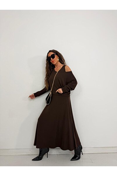 QİMYA BUTİK With a Bunch Women's Thick Strap Y Slit Sleeveless Dress over Long Sleeve Open Collar Short Blouse Two-Piece