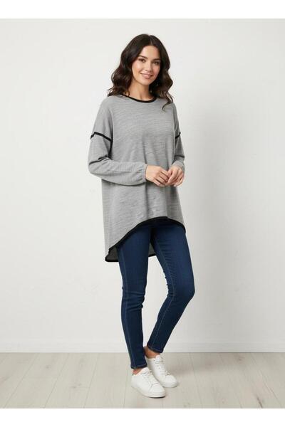 Cockatoo Women's Beige Brown Piped Asymmetrical Cut Soft Textured Crew Neck Knitted Tunic & Blouse