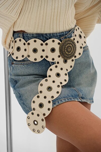 Versla Boho Tarz Yuvarlak Halkalı Deri Kadın Kemer, Vintage Etnik Tasarım