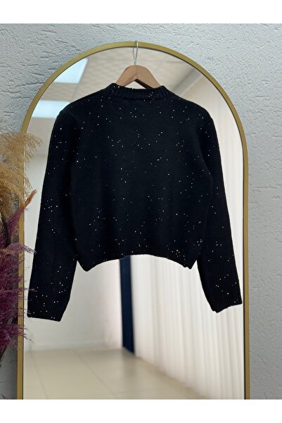 MİHRA STORE Fasma Sequin Glitter Short Knit Sweater-Zi̇5591 Black