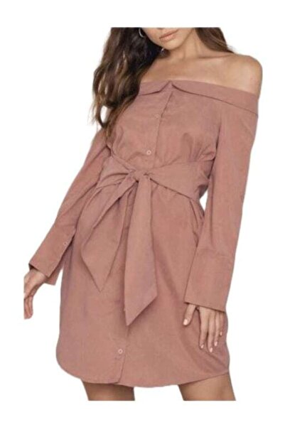 OEM Off Shoulder Tie Front Shirt Dress, Pink