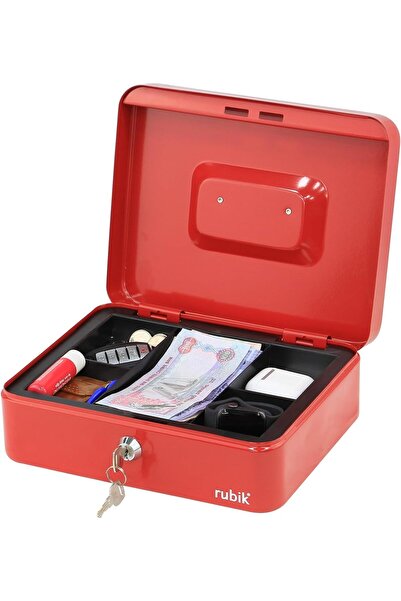 RUBIK صندوق نقود كبير من الفولاذ مع صينية وقفل مفتاح (25 × 20 × 9 سم) أحمر