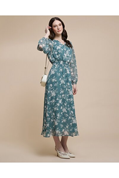 R&B Printed Midi Dress With V-Neck And Puff Sleeves