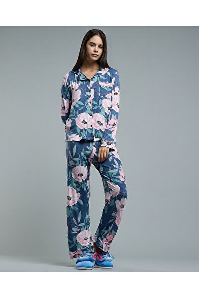 R&B طقم بيجامة نسائي بطبعة زهور باللون الأزرق الداكن